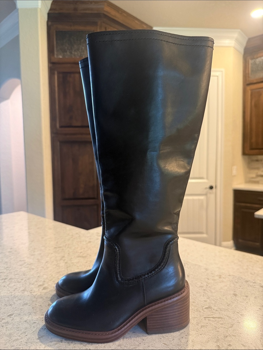 Vince Camuto Black Leather Knee-High Stacked Heel Boots